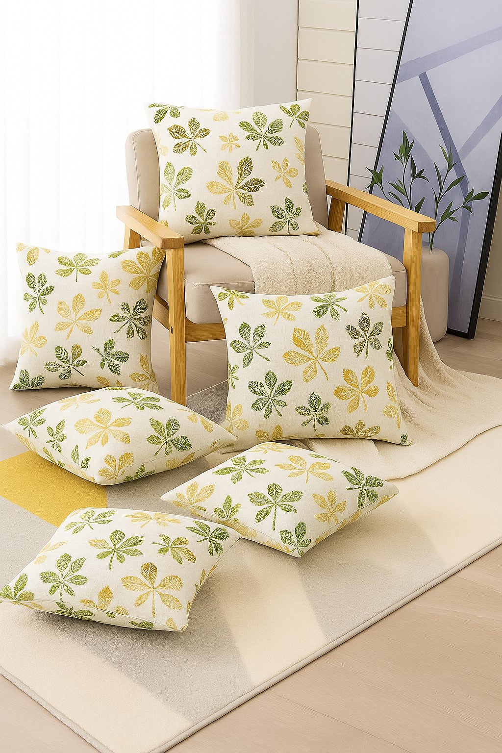 Set of 5 Beige Cotton Cushion Covers with Green and Yellow Leaf Print for Sofa or Chair