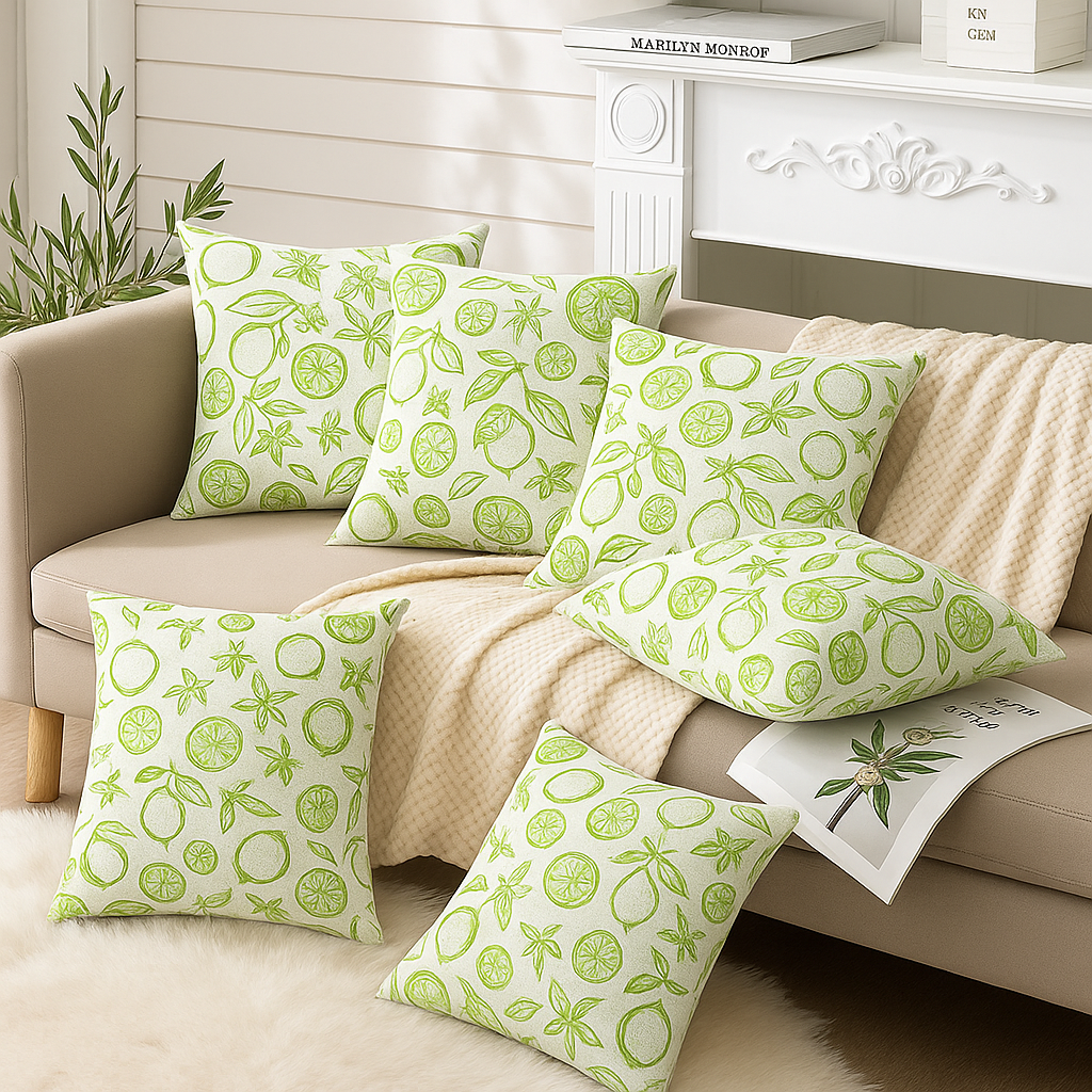Citrus Leaf Print Cushion Covers – Set of 5 | 16 x 16 in Cotton-Linen | Hidden Zipper | Green Tropical Décor