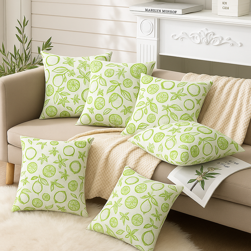 Citrus Leaf Print Cushion Covers – Set of 5 | 16 x 16 in Cotton-Linen | Hidden Zipper | Green Tropical Décor