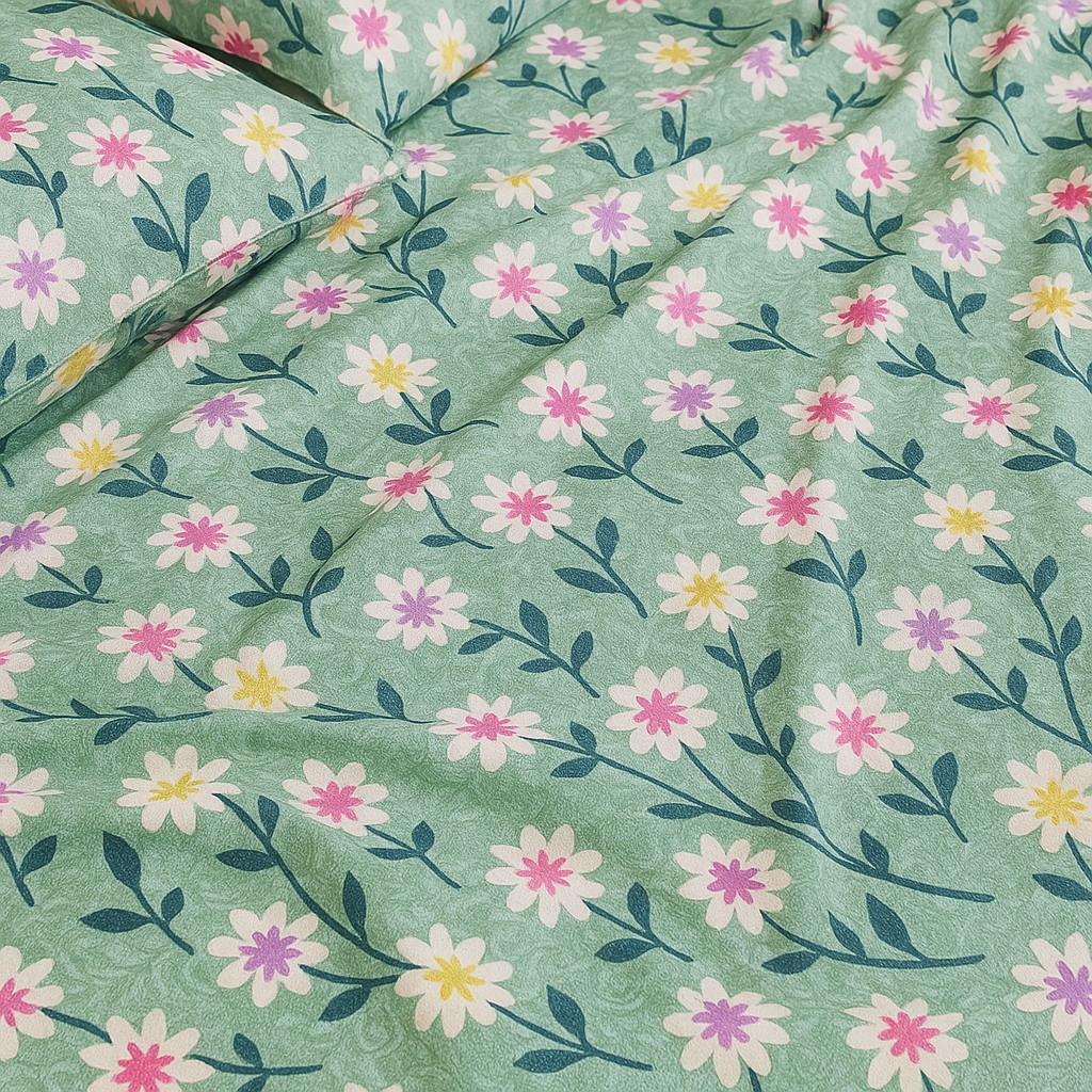 Elegant Garden Floral Bedsheet – Queen Size Set with 2 Pillowcases in Pastel Green