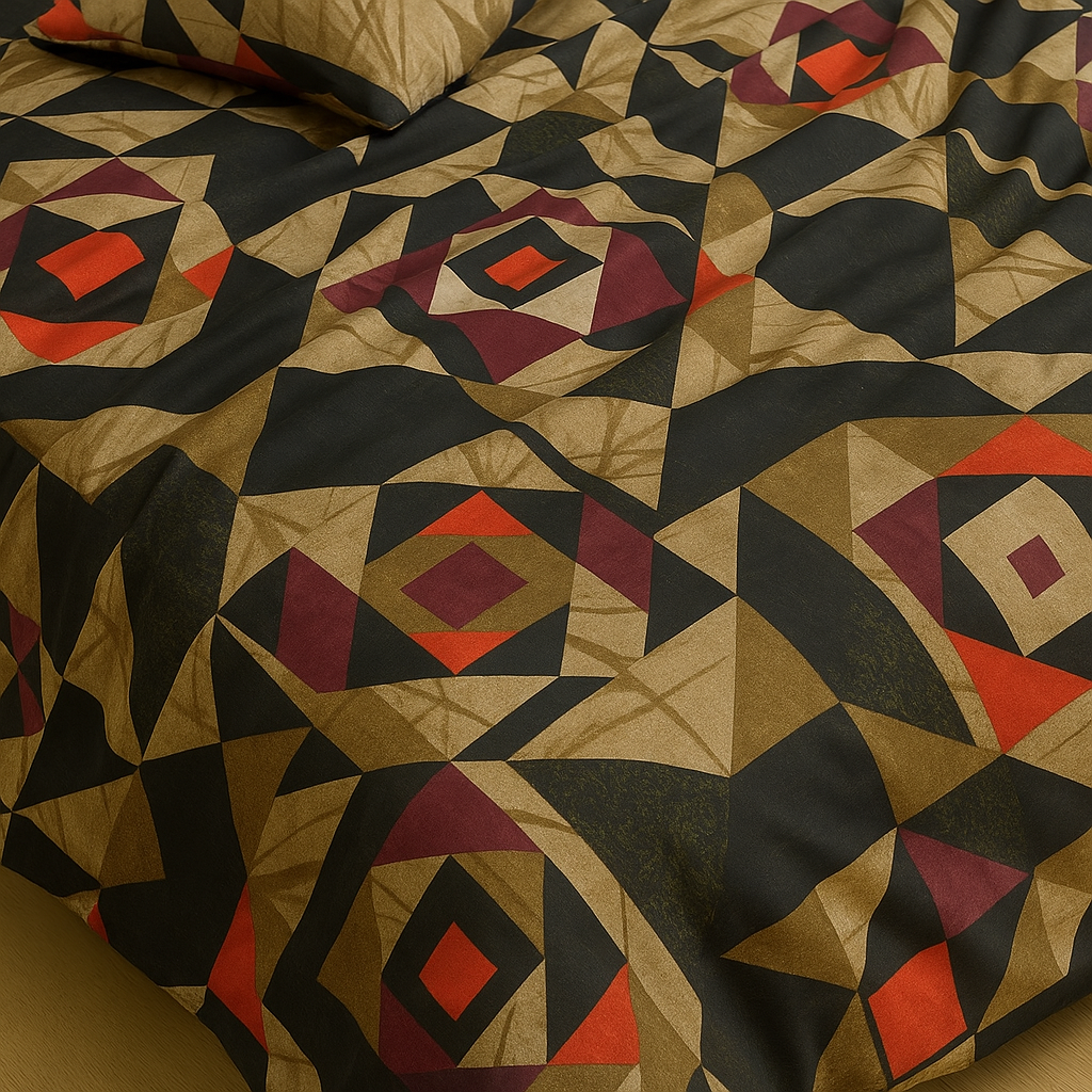 Geometric Art Queen Bedsheet Set – Black, Gold & Red Pattern with 2 Pillow Covers