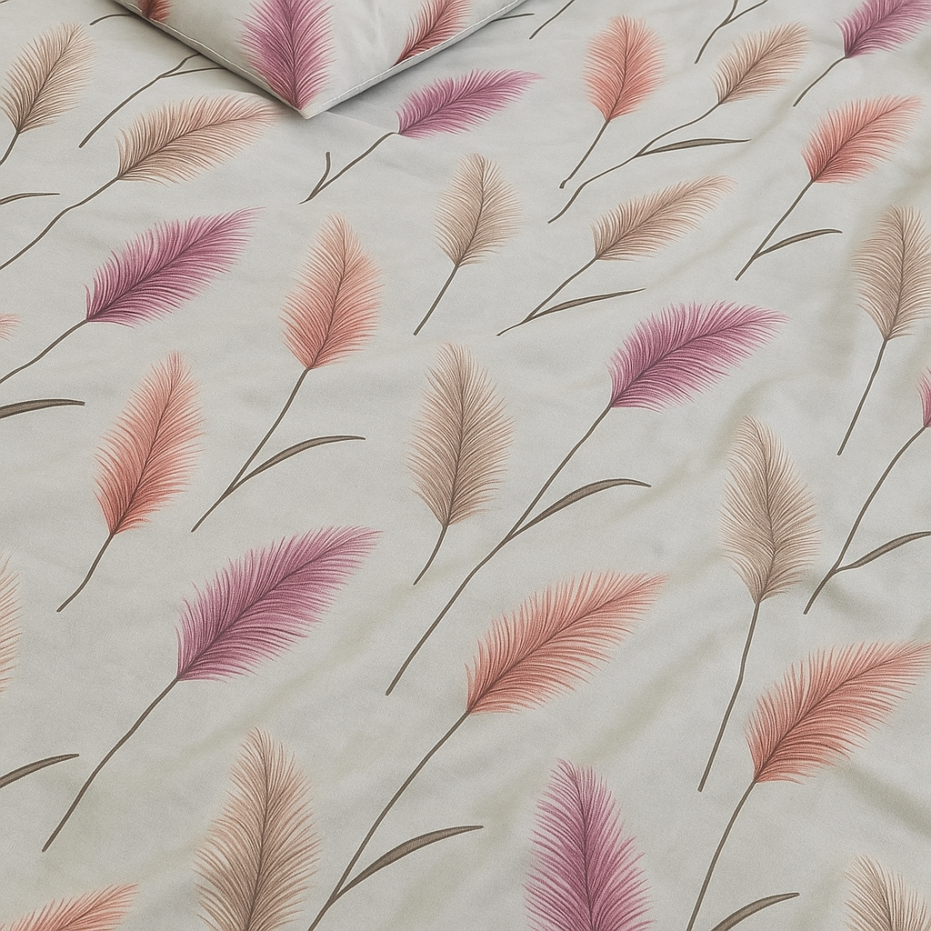 Luxury Cotton Bedsheet – King Size Feather Motif in Pink and Peach Tones