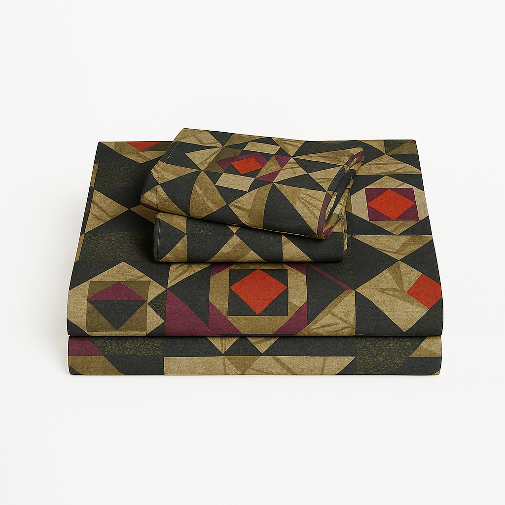 Geometric Art Queen Bedsheet Set – Black, Gold & Red Pattern with 2 Pillow Covers