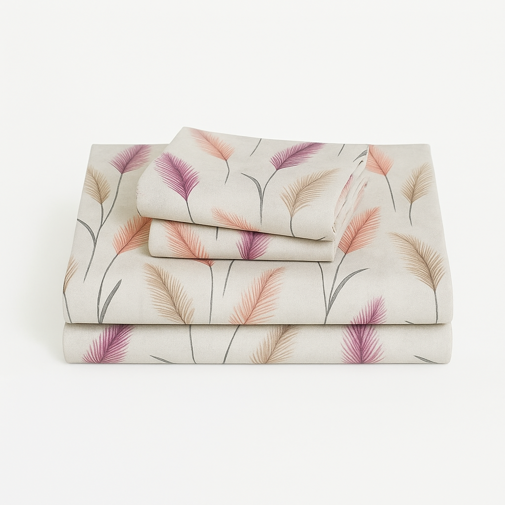 Luxury Cotton Bedsheet – King Size Feather Motif in Pink and Peach Tones