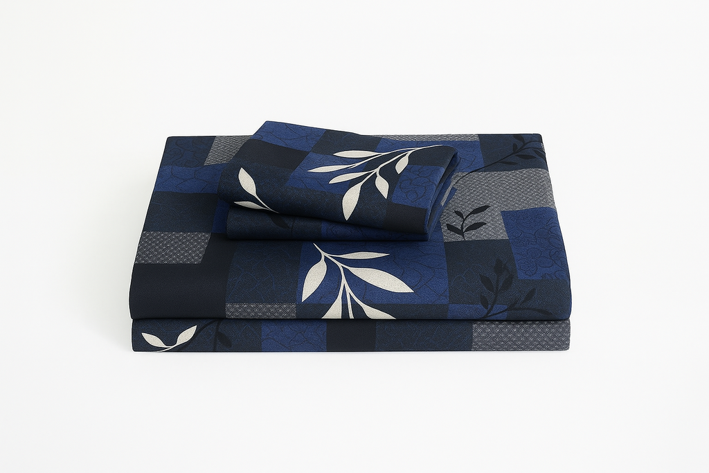 Modern Block Design Bedsheet – Queen Size Set with Blue Leaf Accents
