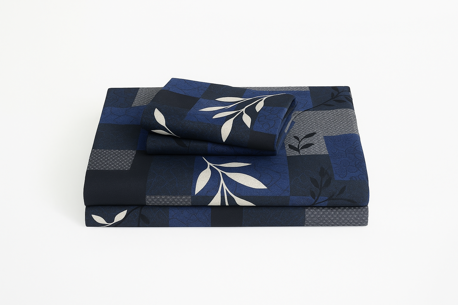 Modern Block Design Bedsheet – Queen Size Set with Blue Leaf Accents