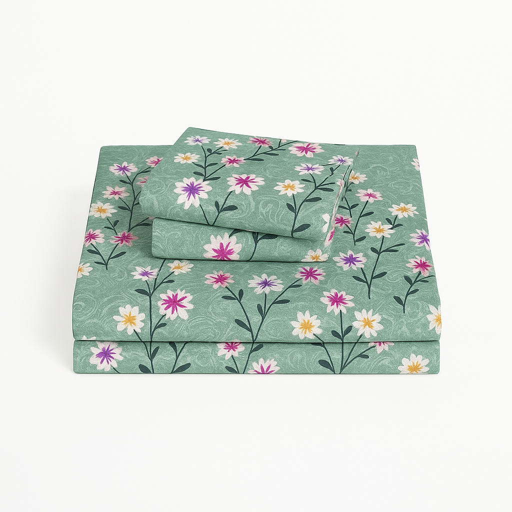 Elegant Garden Floral Bedsheet – Queen Size Set with 2 Pillowcases in Pastel Green
