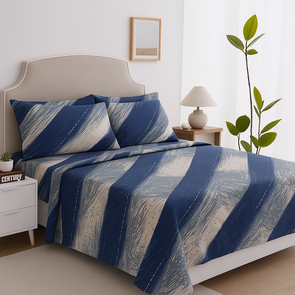 Modern King Size Bedsheet with Navy Blue & Beige Stripes and 2 Matching Pillow Covers