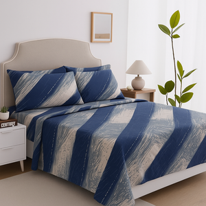 Modern King Size Bedsheet with Navy Blue & Beige Stripes and 2 Matching Pillow Covers