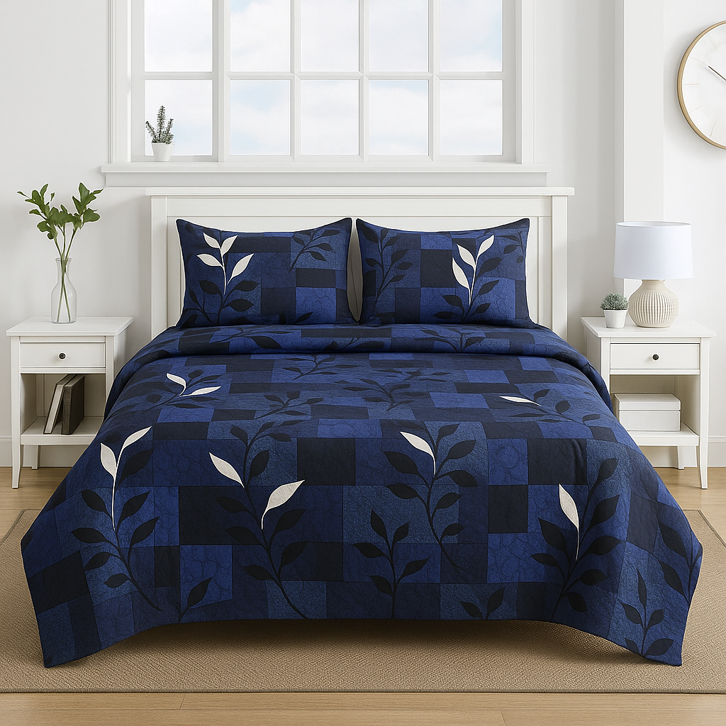Modern Block Design Bedsheet – Queen Size Set with Blue Leaf Accents