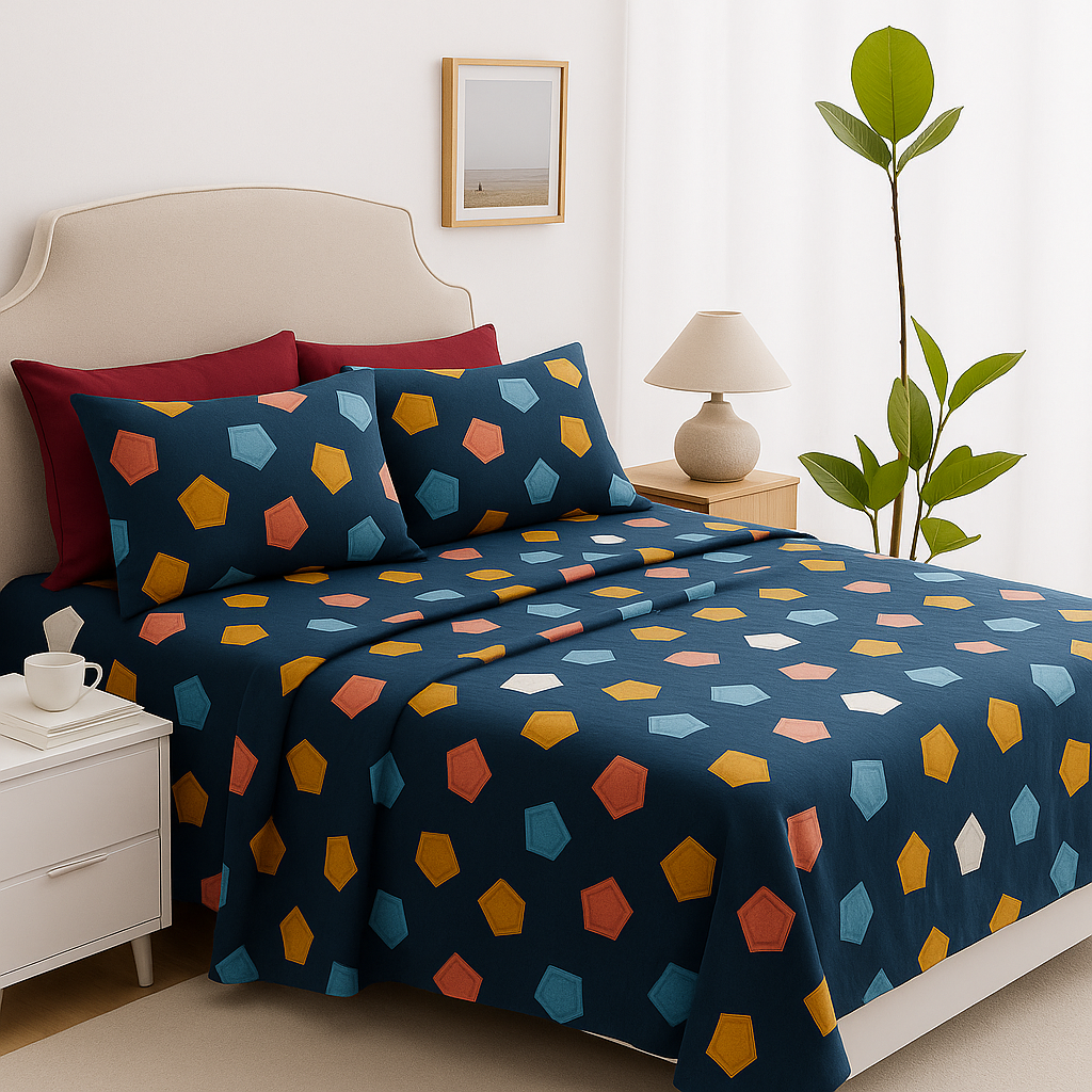 King Size Cotton Bedsheet with Multicolor Geometric Print on Navy Blue and 2 Pillow Covers