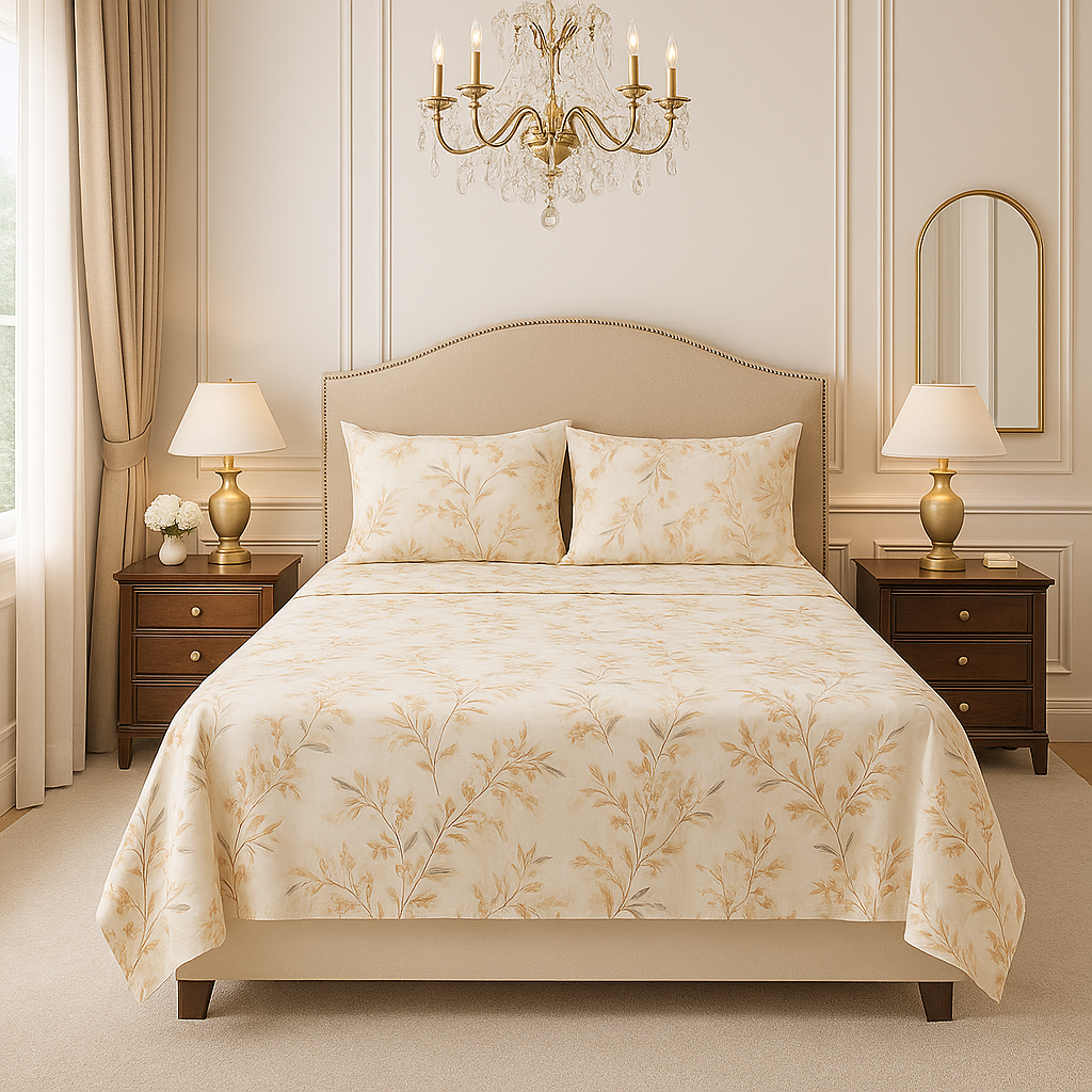 Elegant Botanical Bedsheet – King Size Cotton Set with Pillow Covers
