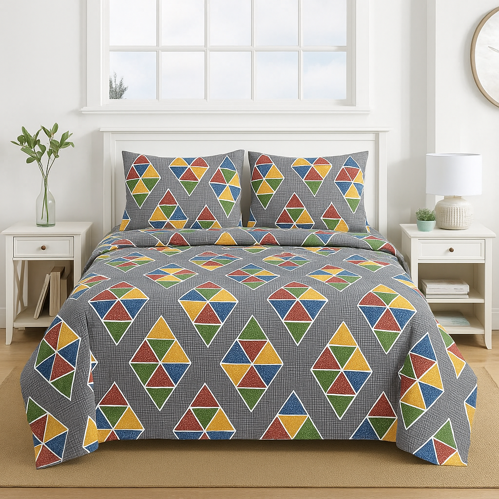 Vibrant Queen Size Bedsheet Set – Triangle Mosaic Print with Pillow Covers