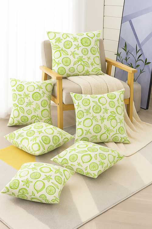 Citrus Leaf Print Cushion Covers – Set of 5 | 16 x 16 in Cotton-Linen | Hidden Zipper | Green Tropical Décor