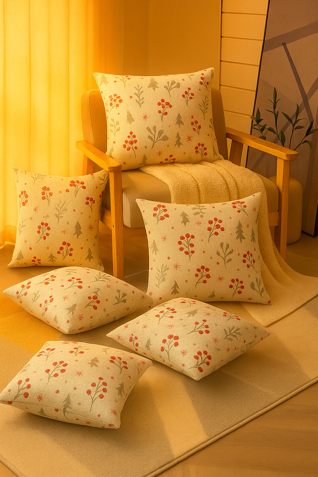 Set of 5 Cushion Covers – Red Berries & Grey Leaf Print on White Cotton Base