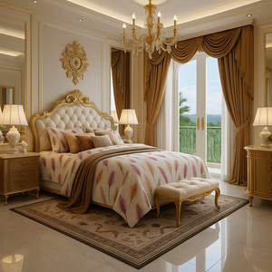 Luxury King Size Cotton Bedsheet with Pink & Peach Feather Motif and Matching Pillow Covers