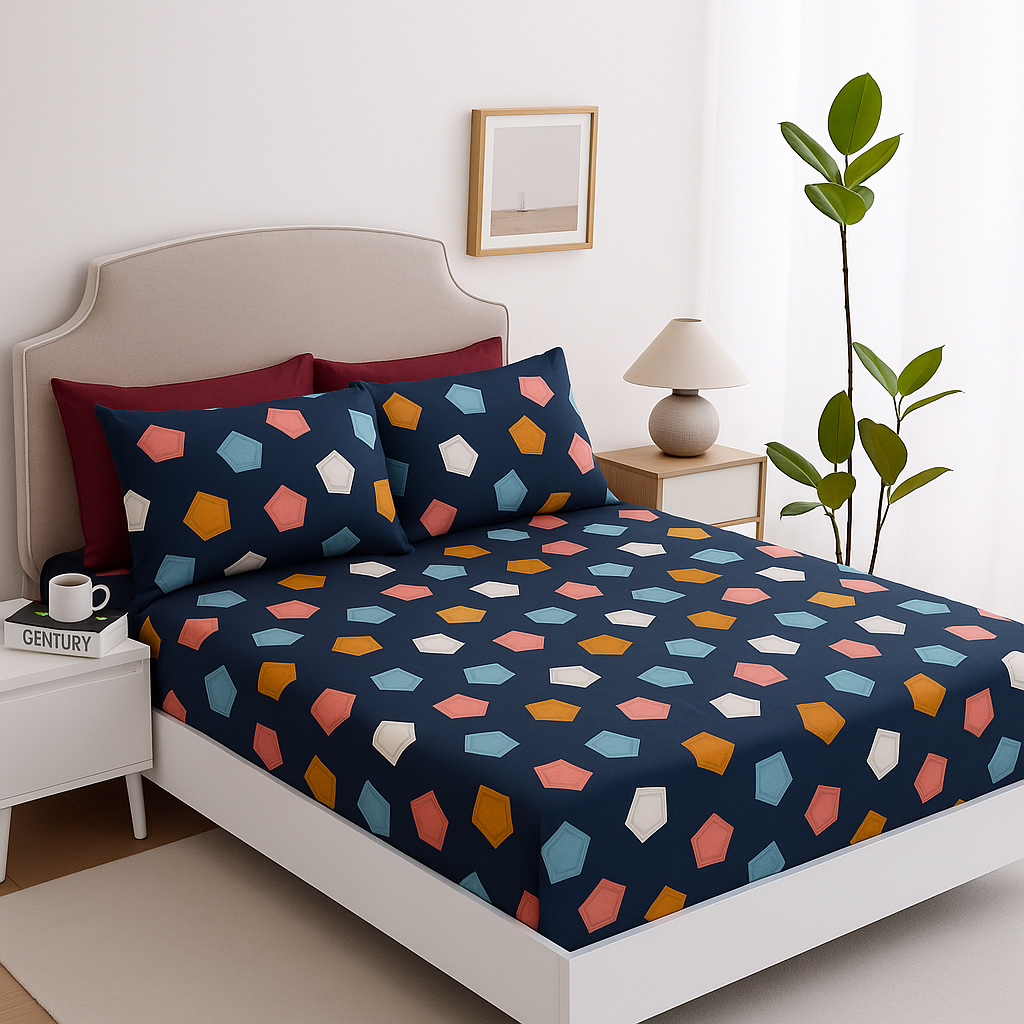 King Size Geometric Bedsheet Set with 2 Pillow Covers – Multicolor on Navy Blue