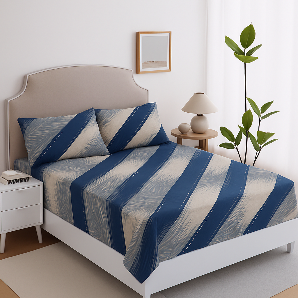 Modern Striped King Bedsheet Set – Navy Blue & Beige with 2 Pillow Covers