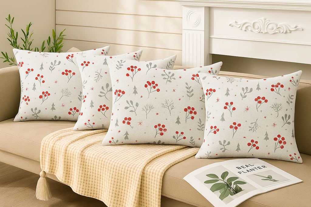 Set of 5 Cushion Covers – Red Berries & Grey Leaf Print on White Cotton Base