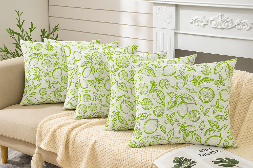 Citrus Leaf Print Cushion Covers – Set of 5 | 16 x 16 in Cotton-Linen | Hidden Zipper | Green Tropical Décor