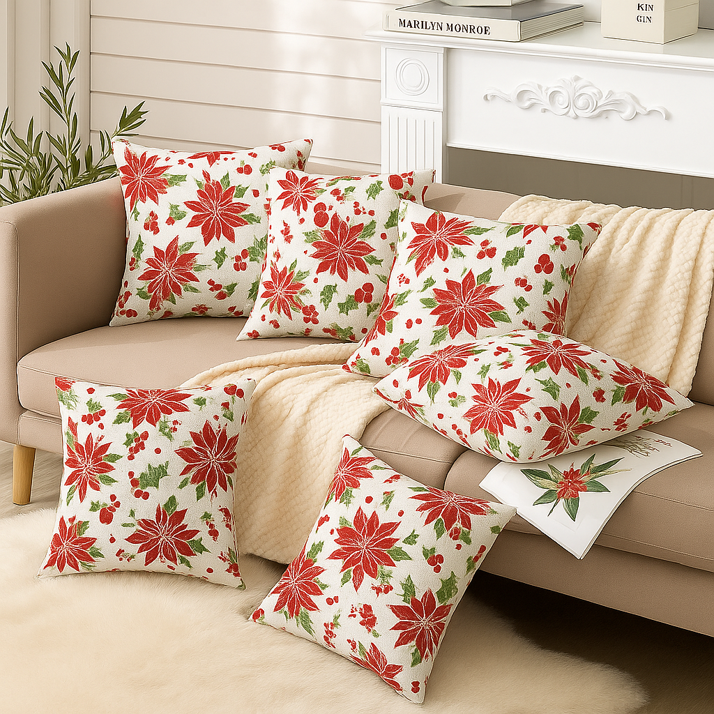 Set of 5 Cushion Covers – Red Floral & Green Leaf Print | Festive Cotton Collection