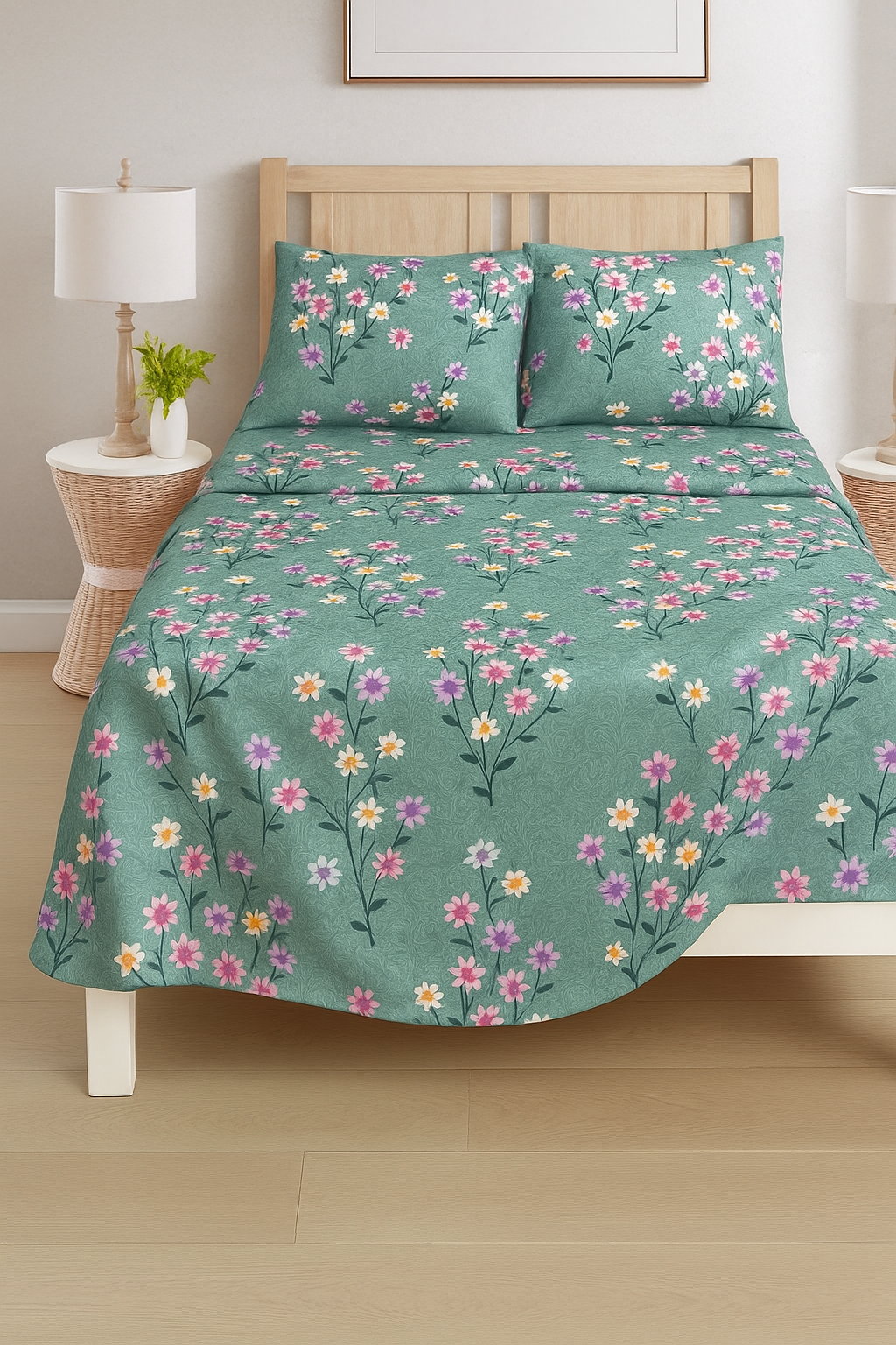 Elegant Queen Size Bedsheet with Garden Floral Print in Pastel Green and 2 Pillowcases