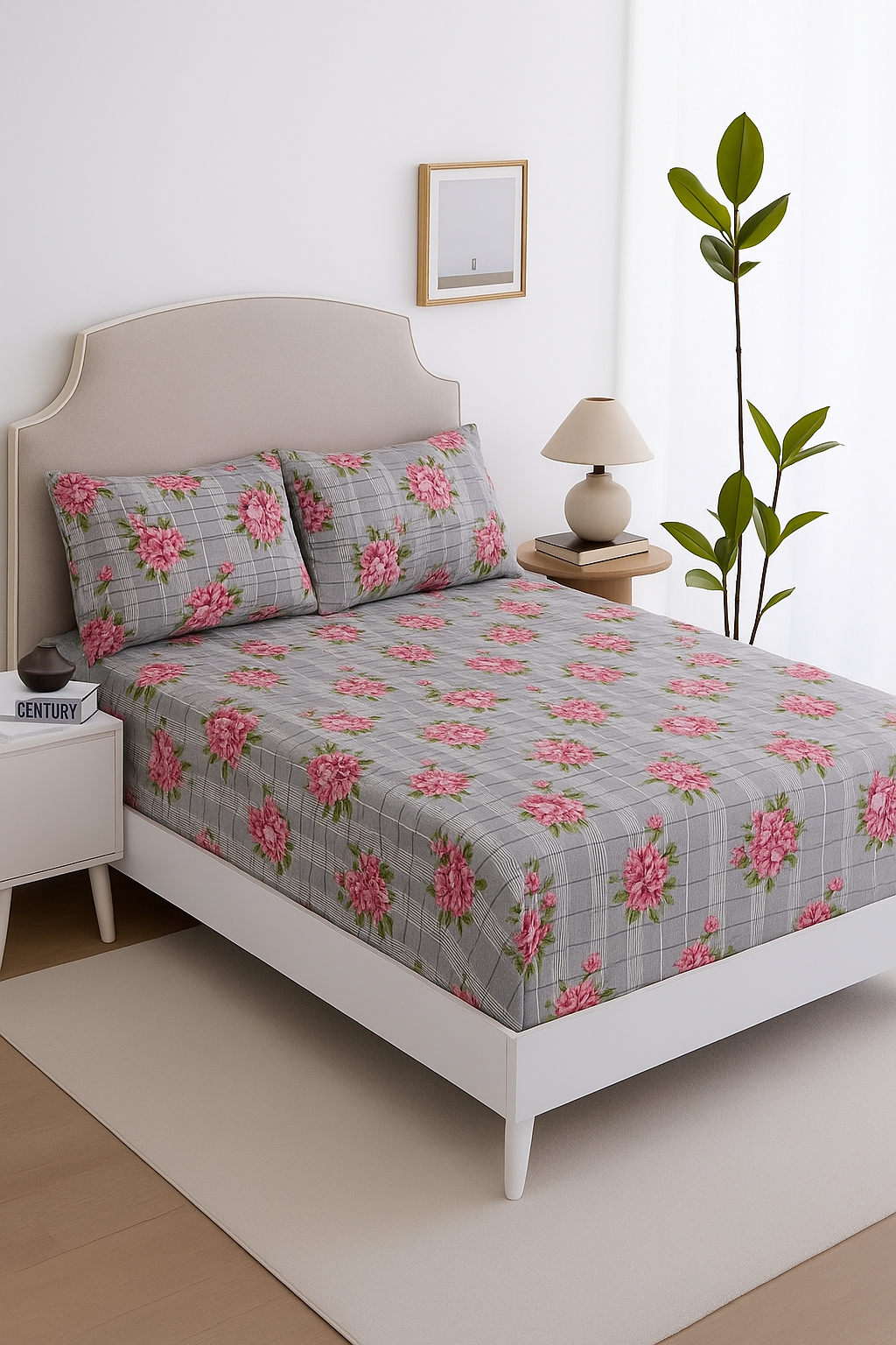 Grey Checkered Bedsheet Set – Pink Floral Design, Queen Size with 2 Pillow Covers