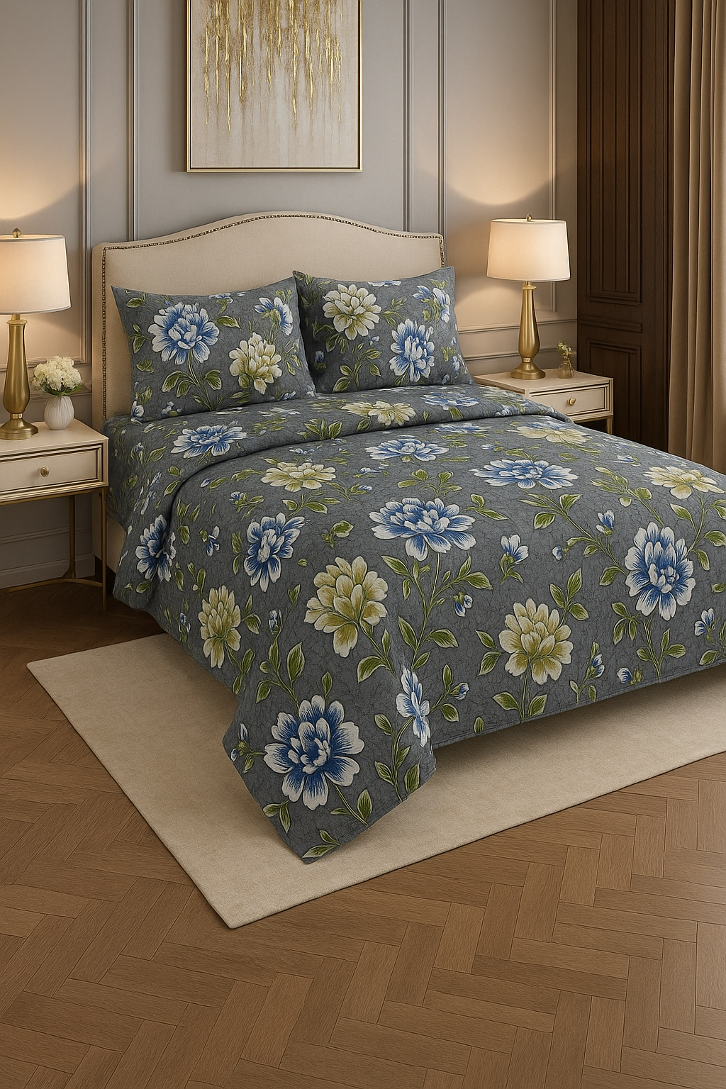 Premium Cotton Bedsheet – Queen Size with Blue Bloom Print & 2 Pillow Covers