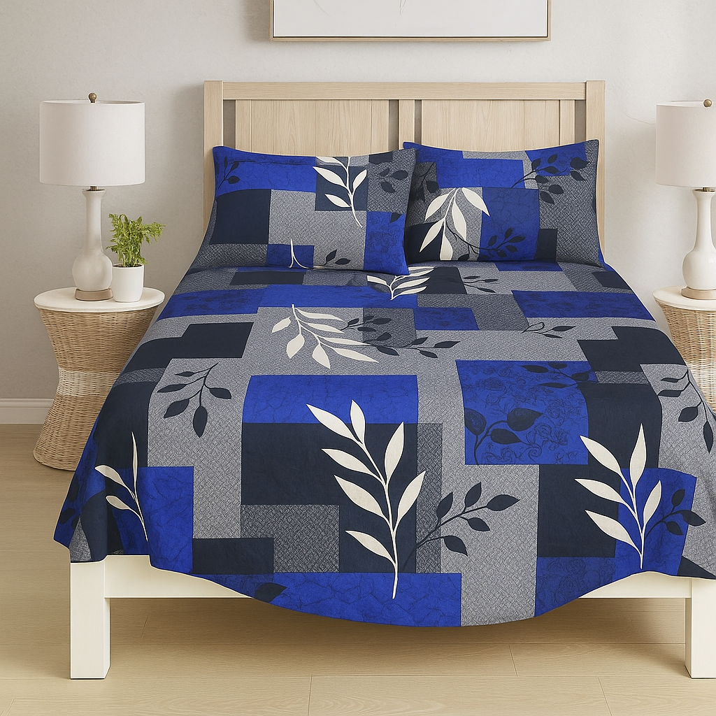 Modern Queen Bedsheet with Block Design and Blue Leaf Accents, Includes Pillow Covers