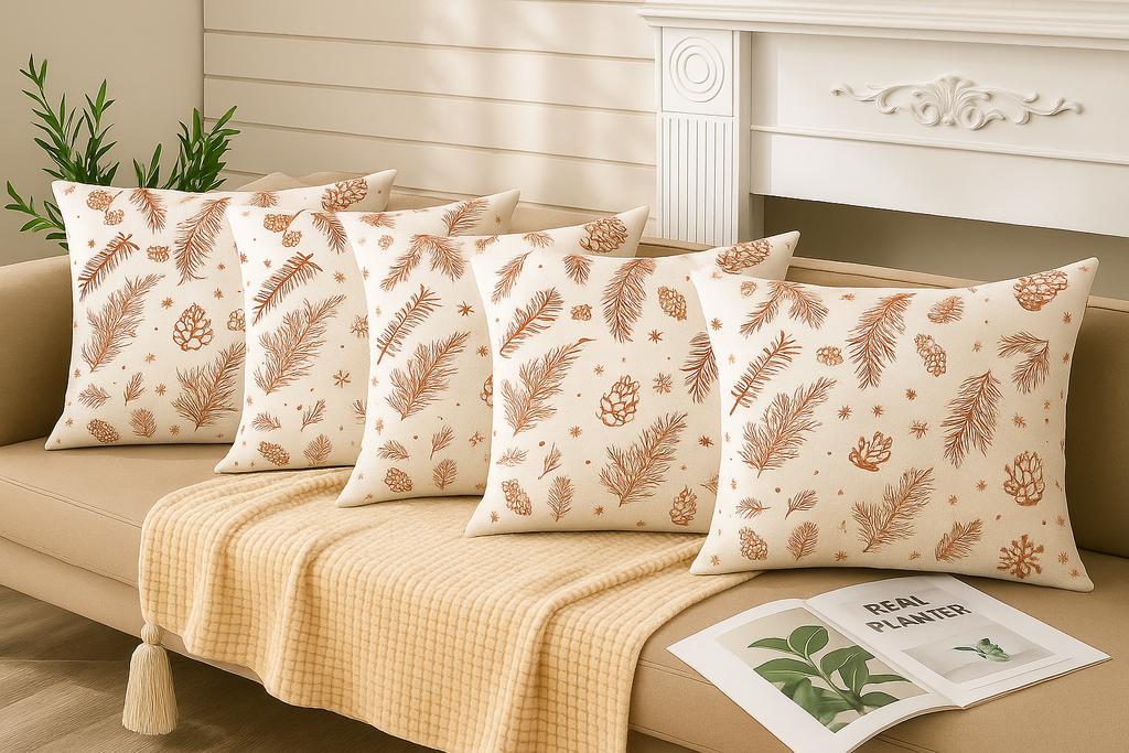 Set of 5 Cotton Cushion Covers with Beige Base and Warm Autumn Pine & Leaf Print