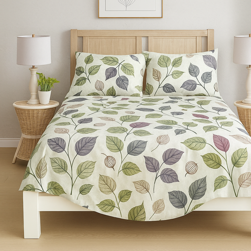 Premium Cotton King Bedsheet Set with Earthy Green Leaf Print and Pillowcases