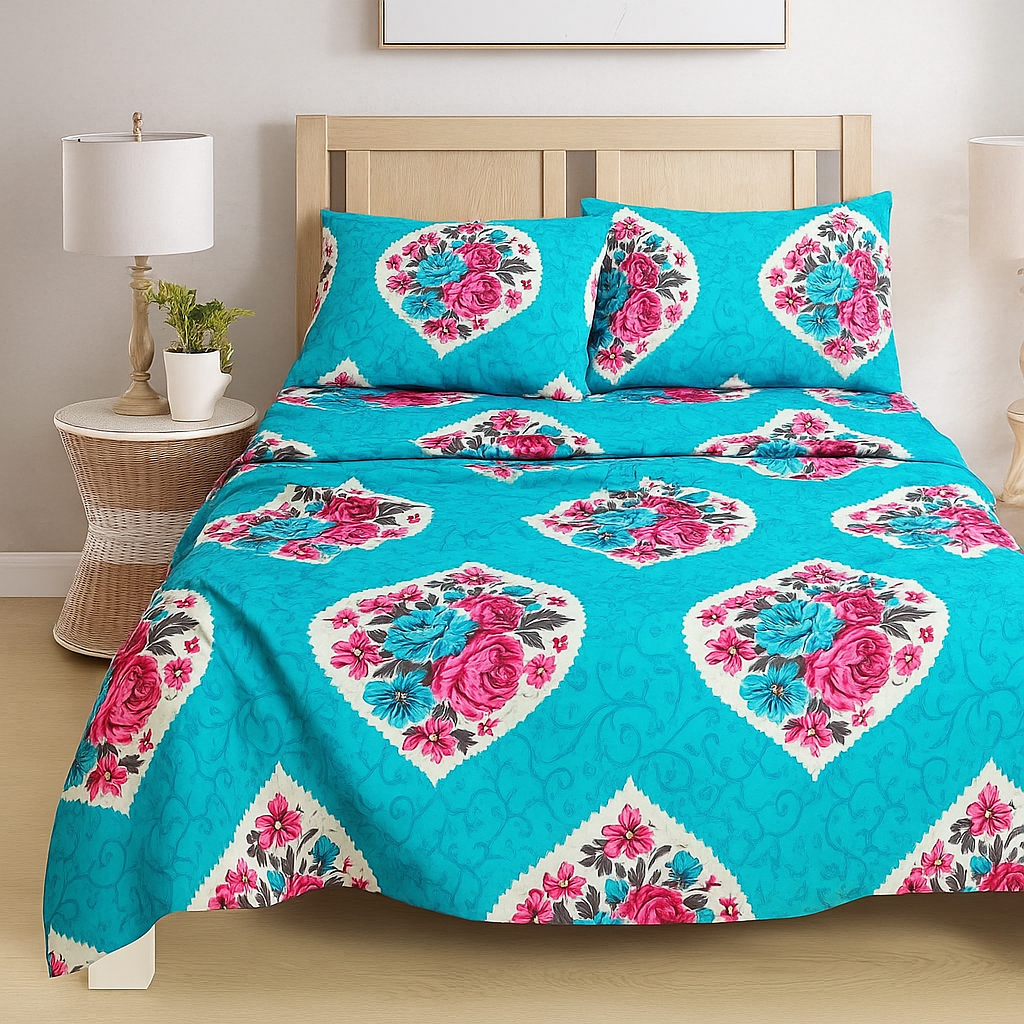 Bold Bloom Print Bedsheet – Queen Size with Colourful Roses & 2 Pillow Covers