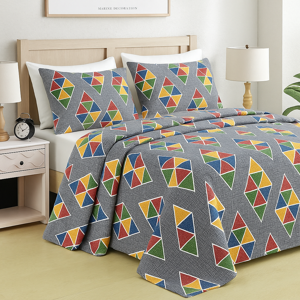 Queen Size Bedsheet with Colorful Triangle Mosaic Print and Matching Pillow Covers