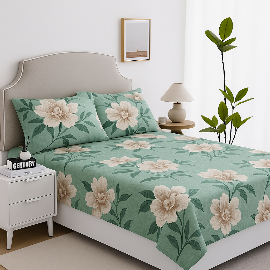 Premium Queen Bedsheet with Large Floral Design on Soft Green Cotton Fabric