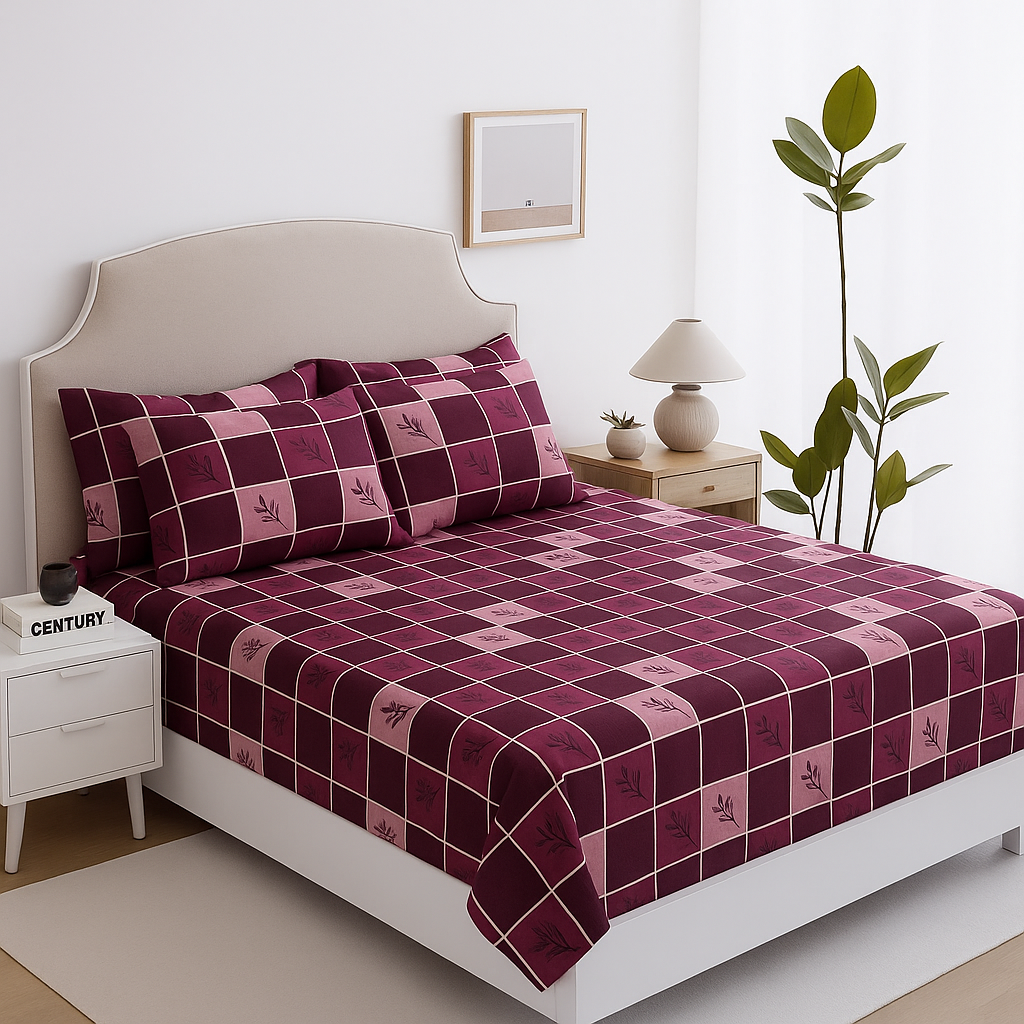 Elegant Checkered Queen Bedsheet Set – Maroon & Pink Blocks with 2 Pillow Covers