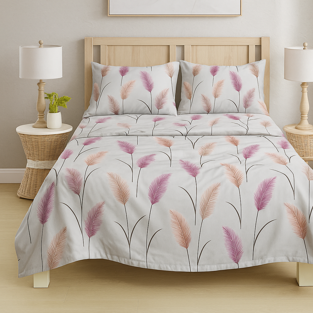 Luxury Cotton Bedsheet – King Size Feather Motif in Pink and Peach Tones