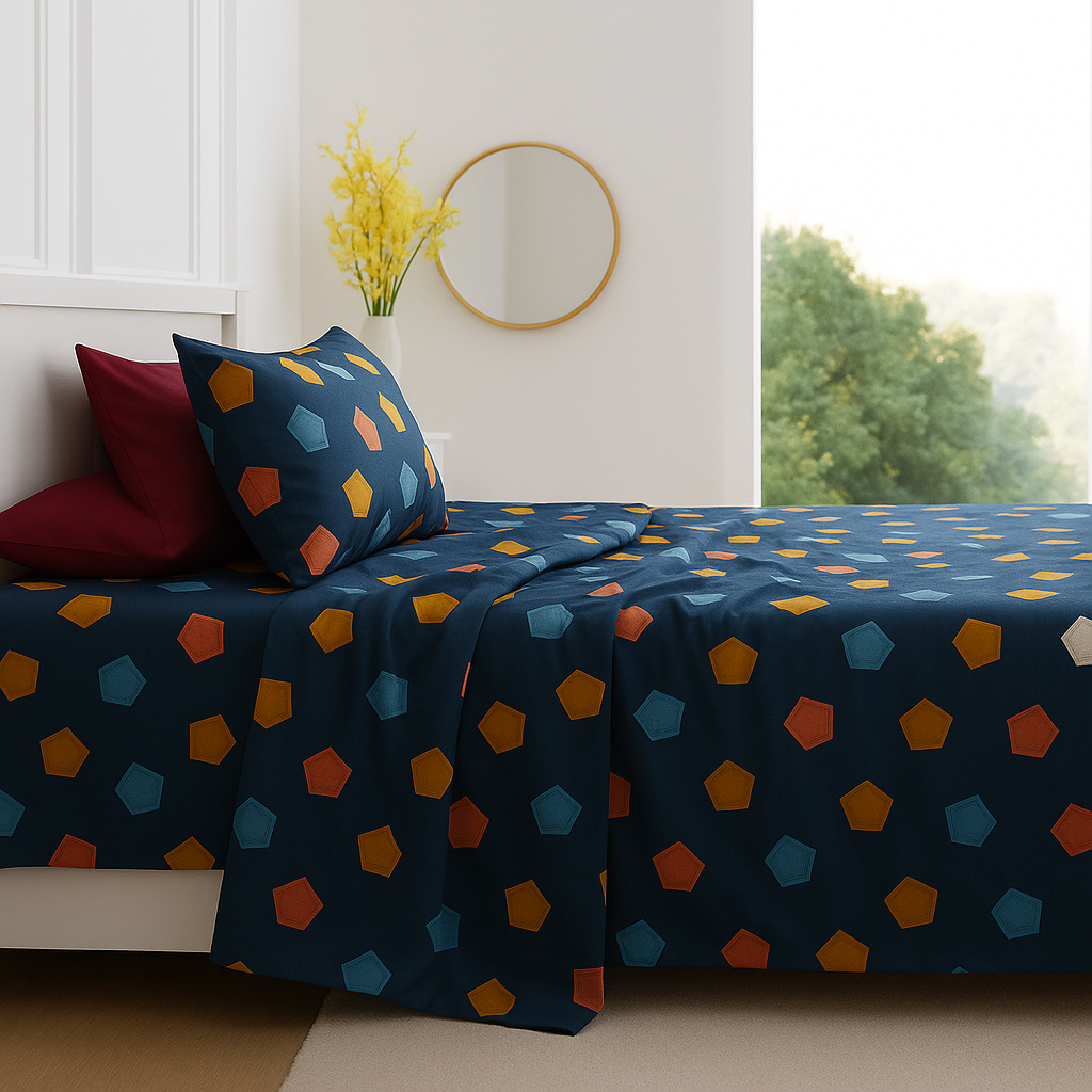 King Size Geometric Bedsheet Set with 2 Pillow Covers – Multicolor on Navy Blue