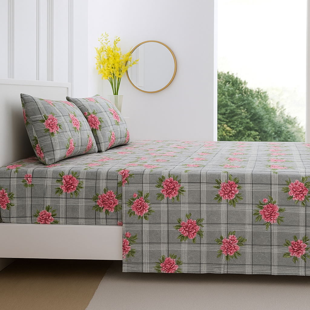 Grey Checkered Bedsheet Set – Pink Floral Design, Queen Size with 2 Pillow Covers