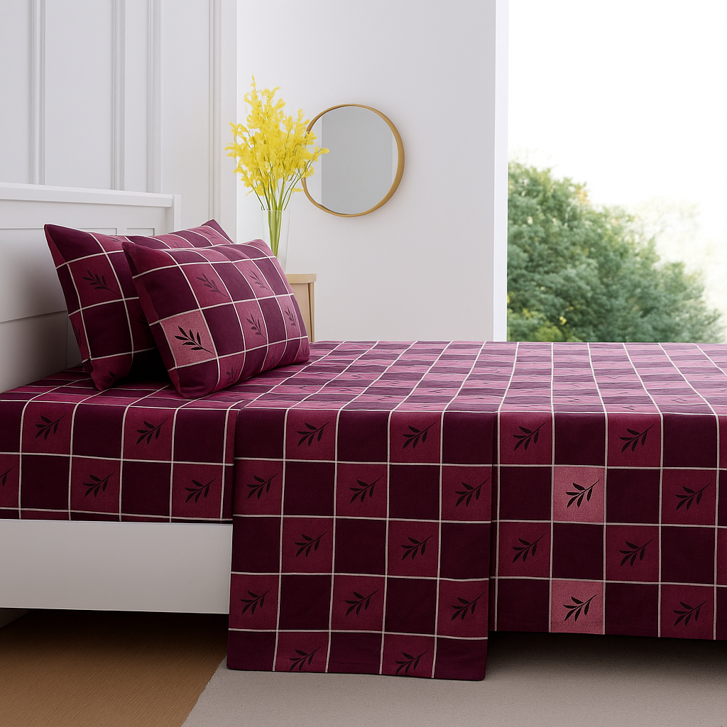 Elegant Checkered Queen Bedsheet Set – Maroon & Pink Blocks with 2 Pillow Covers