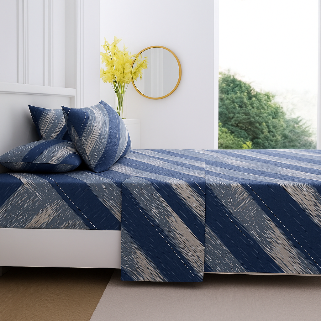 Modern Striped King Bedsheet Set – Navy Blue & Beige with 2 Pillow Covers