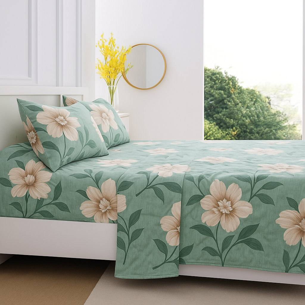 Premium Queen Size Bedsheet – Large Floral Design on Soft Green Background