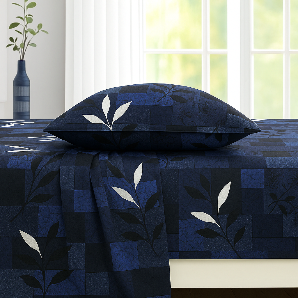 Modern Block Design Bedsheet – Queen Size Set with Blue Leaf Accents