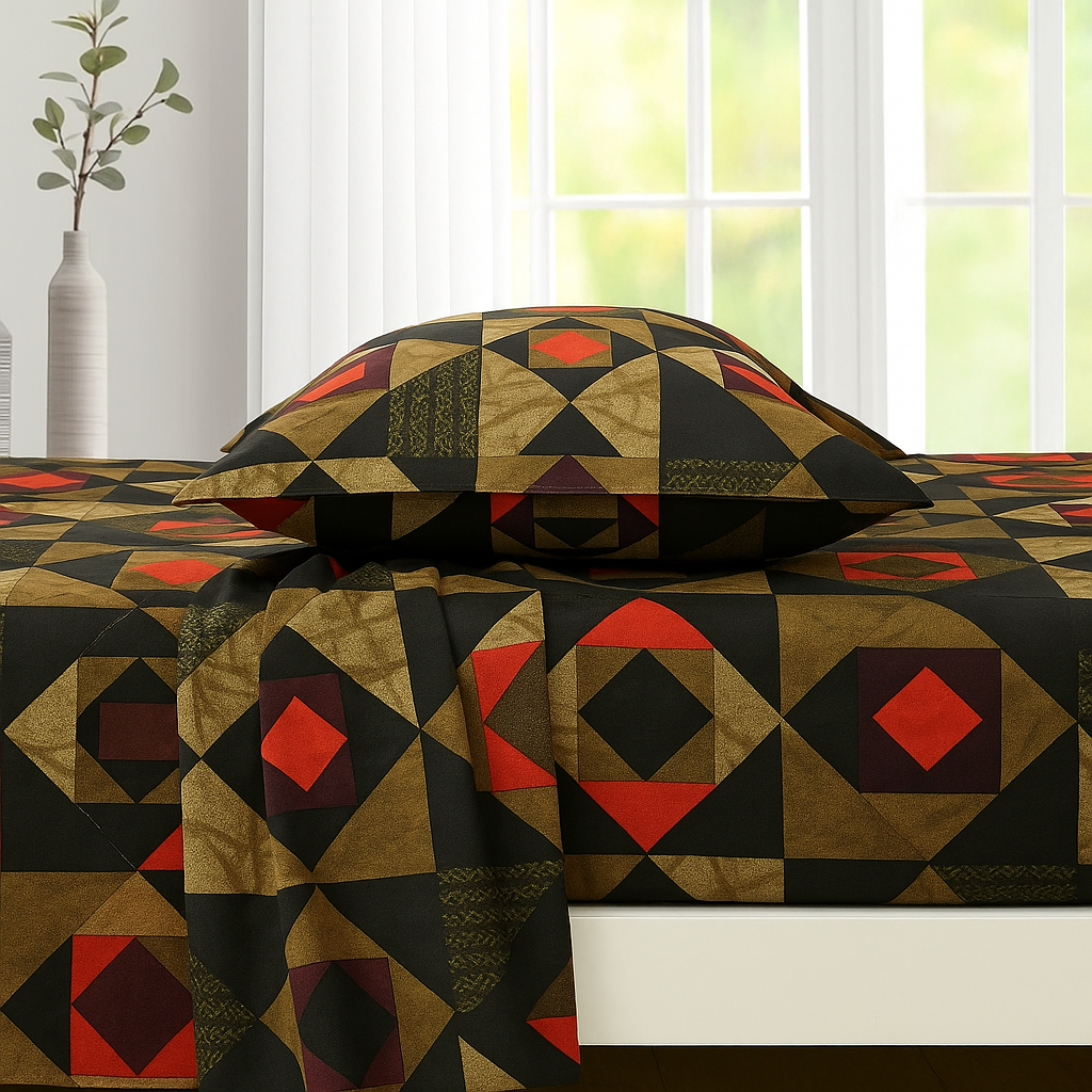 Geometric Art Queen Bedsheet Set – Black, Gold & Red Pattern with 2 Pillow Covers