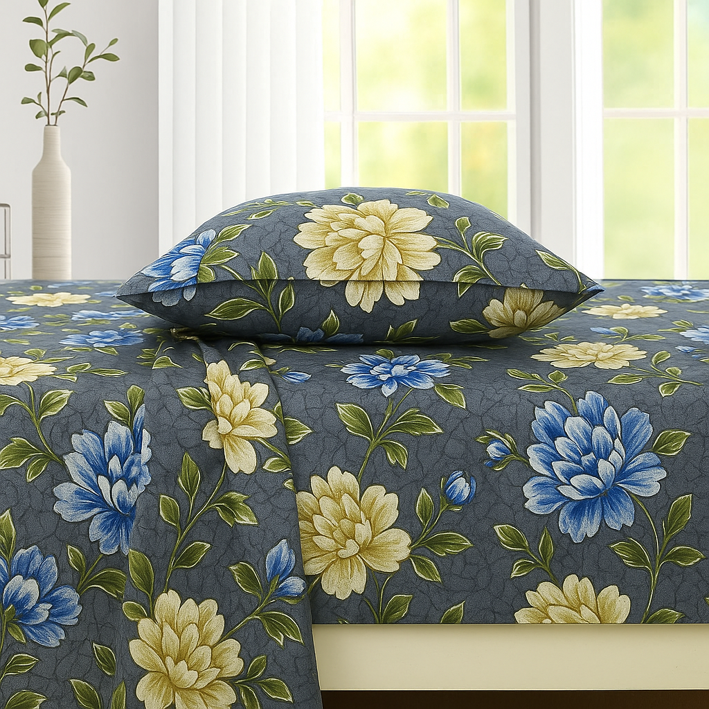 Premium Cotton Bedsheet – Queen Size with Blue Bloom Print & 2 Pillow Covers