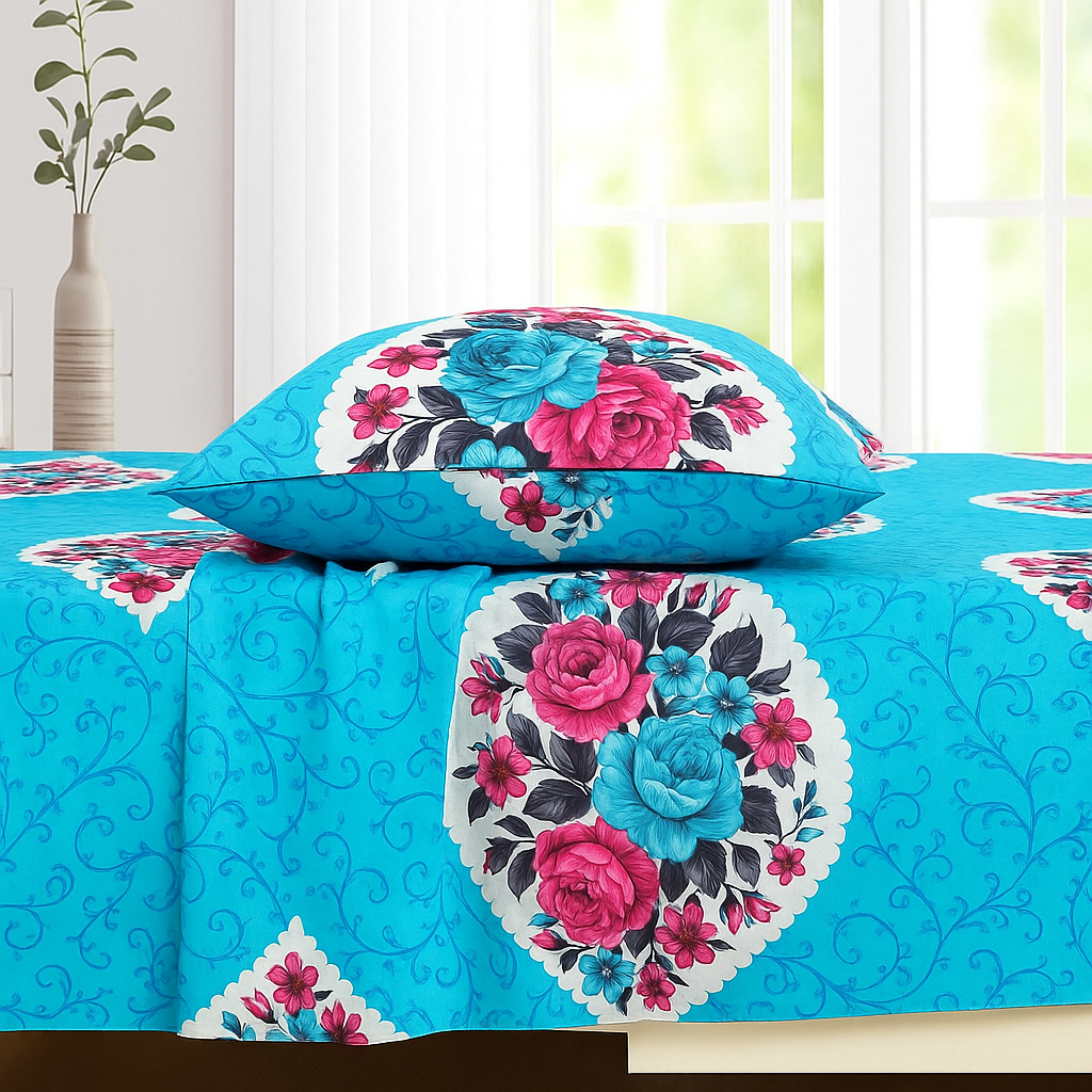 Bold Bloom Print Bedsheet – Queen Size with Colourful Roses & 2 Pillow Covers