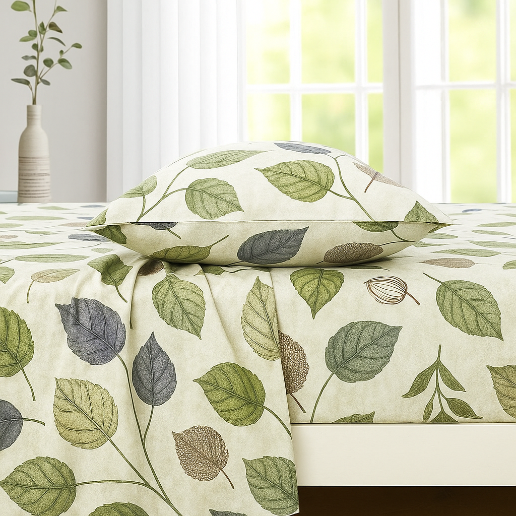 Earthy Green Leaf Bedsheet Set – Premium Cotton King Size with Pillowcases