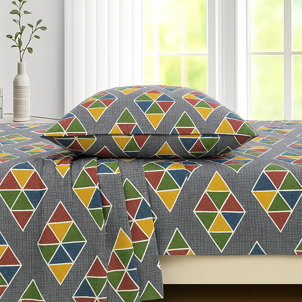 Vibrant Queen Size Bedsheet Set – Triangle Mosaic Print with Pillow Covers