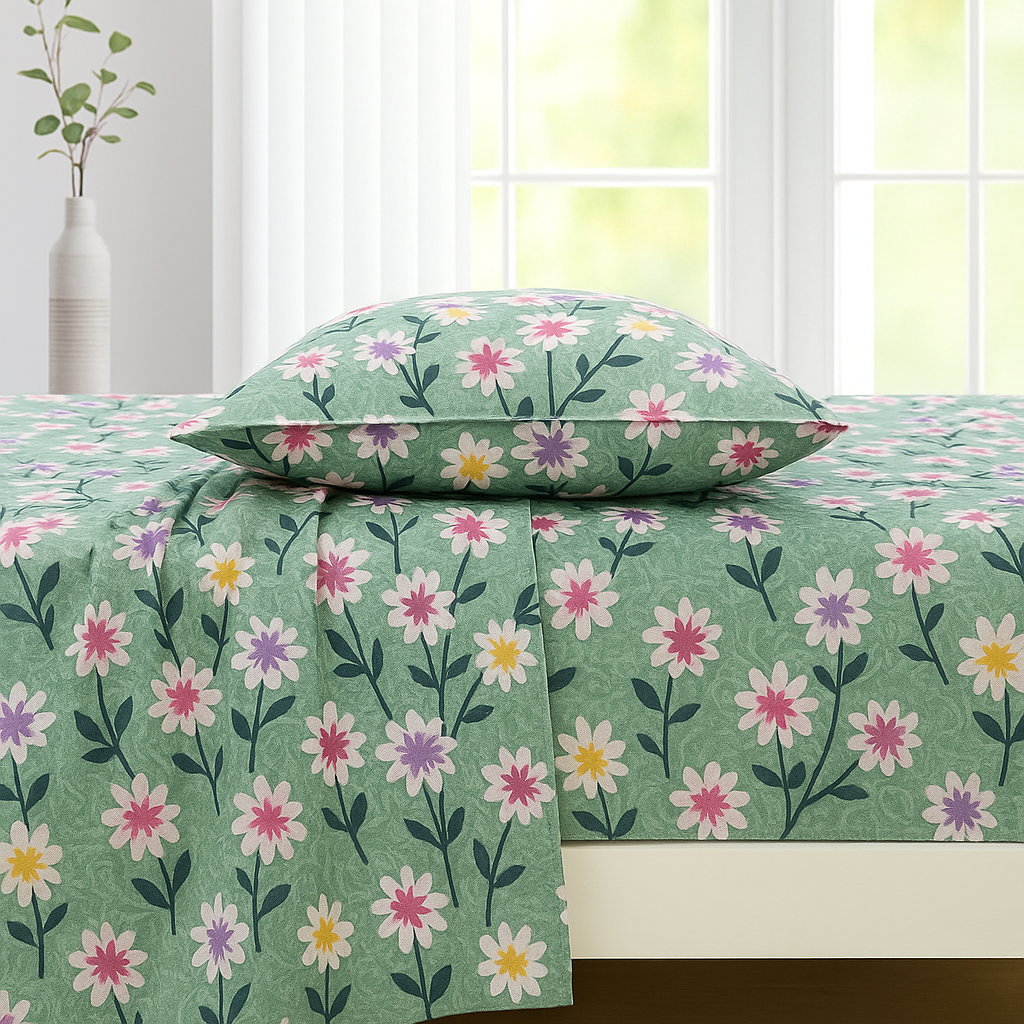Elegant Garden Floral Bedsheet – Queen Size Set with 2 Pillowcases in Pastel Green