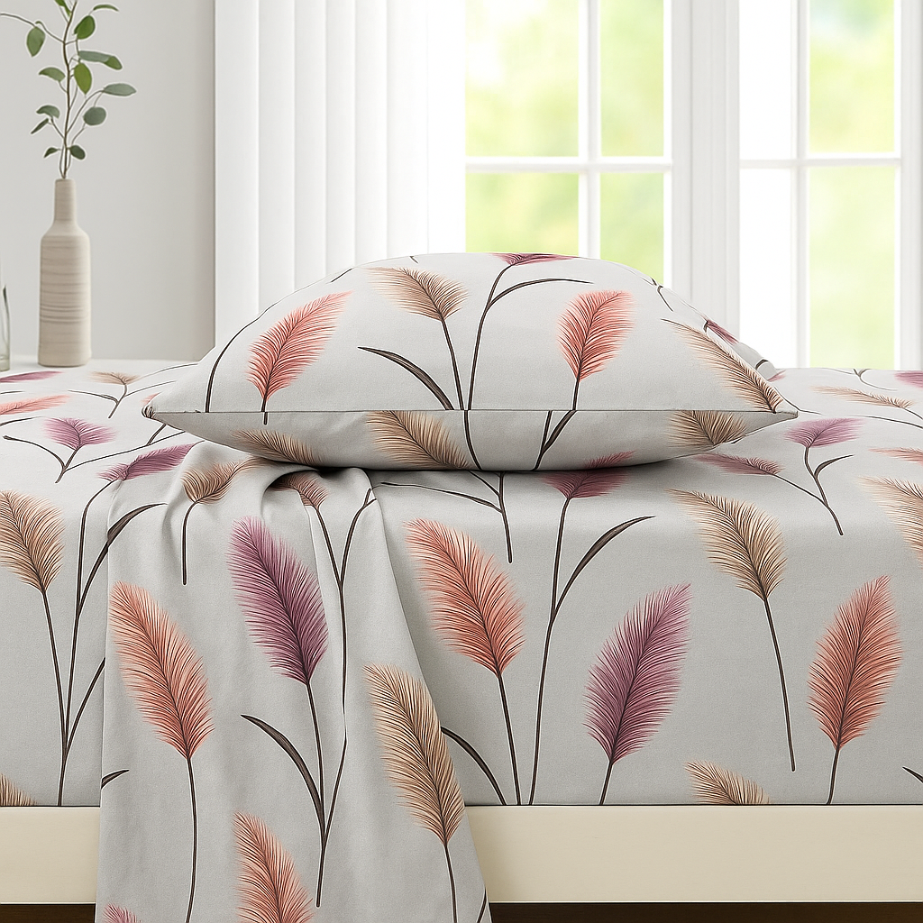 Luxury Cotton Bedsheet – King Size Feather Motif in Pink and Peach Tones