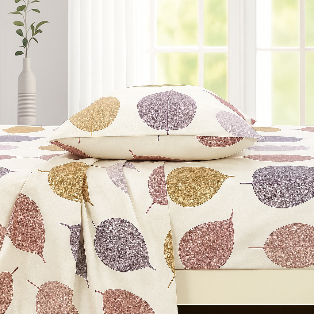 Elegant Fall Leaf Bedsheet Set – King Size, Warm Tones with 2 Pillowcases